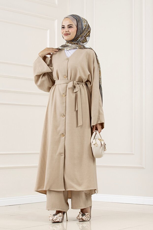 Buttoned Davin Abaya Double Set-Beige