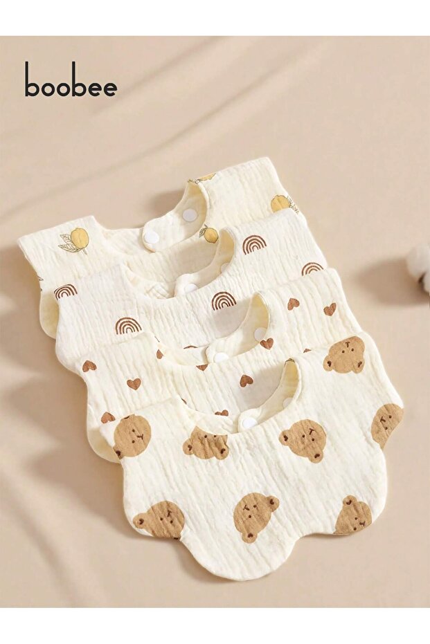 One Size Fits All Khaki Bear 4Pcs Ultra-Soft and Comfortable Baby Bibs, Suitable for Ages 0-3, with
