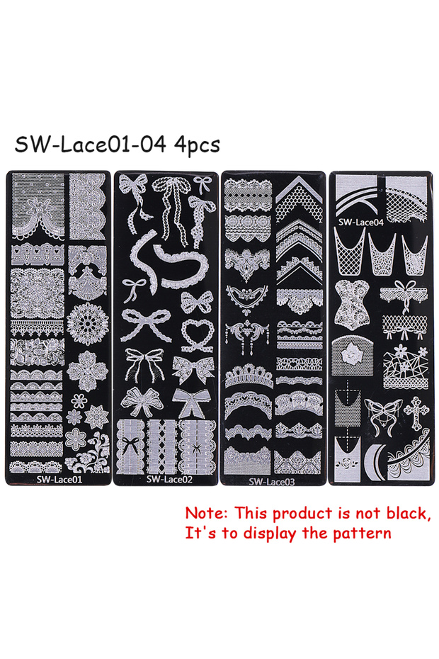 SW-Lace01-04 4pcs 4pc Lace Flower Nail Art Stamping Plates 3D French Bow Rose Polish Printing Templa