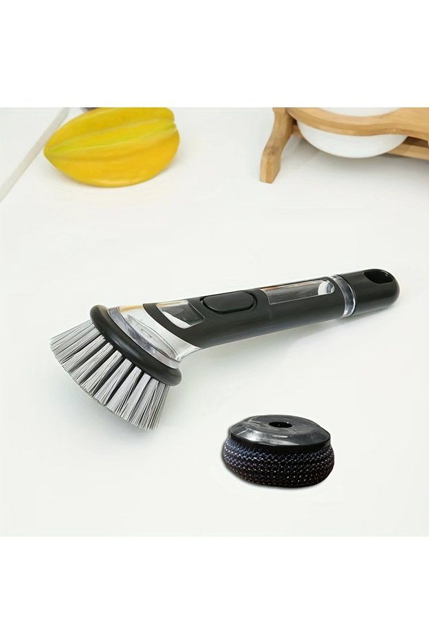 1Set-Black New Dish Brush with Soap Dispenser, Long Handle Dishwashing Brush with Replaceable Heads