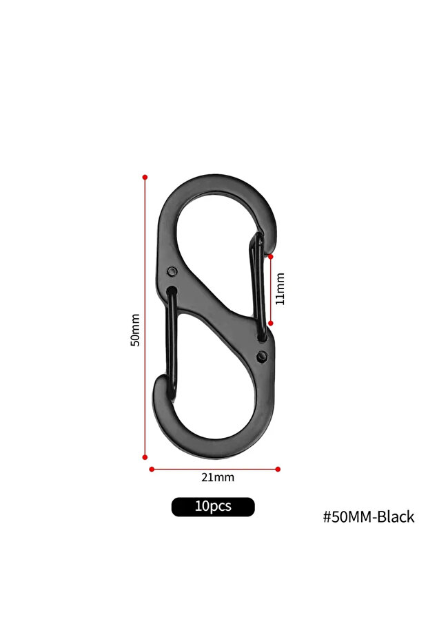 50MM-Black(10pcs) 10Pcs S Type Mini Keychain Hook Stainless Steel Carabiner With Lock Anti-Theft Out