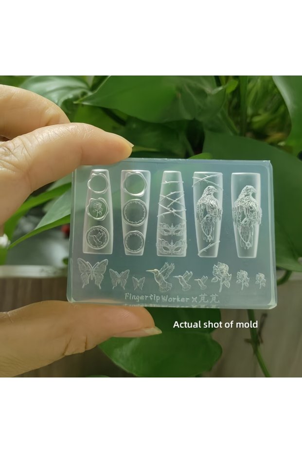 PF-602 1 Pc Original Silicone Nail Art Mold Dark Style Retro Crow Rose Candlestick Night Eagle 3D Na