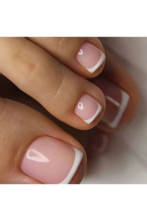 WHITE 24pcs French Fake Toenails Pink Gradient Full Cover Short Square Toe Nails Foot Nails Tips for