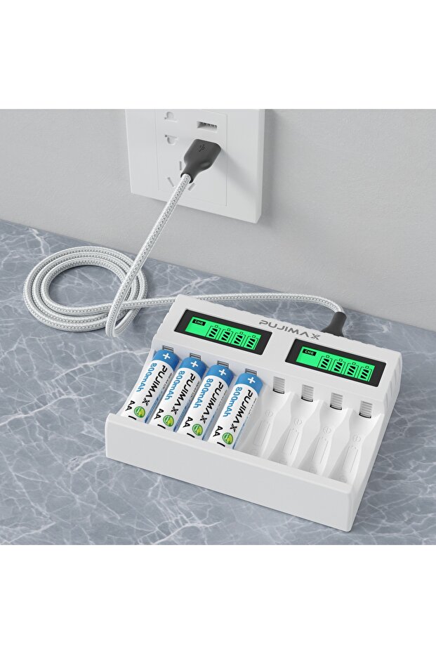 White PUJIMAX 8 Slots Smart Battery Charger For 1.2V AA/AAA Ni-MH Rechargeable Batteries Independent