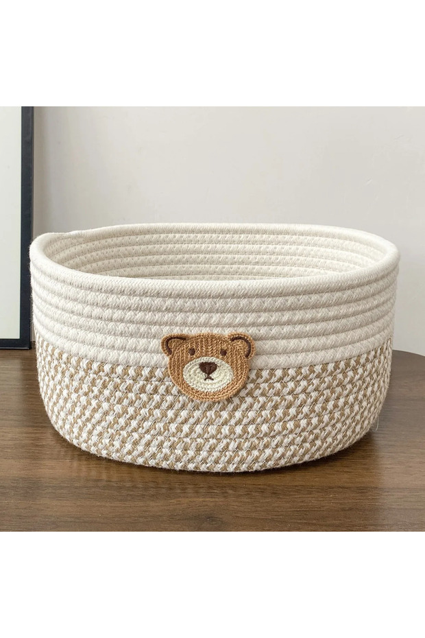 Dark Khaki Cute Bear Fabric Storage Basket Woven Organizer Bin for Toys Clothes Home Bedroom Living
