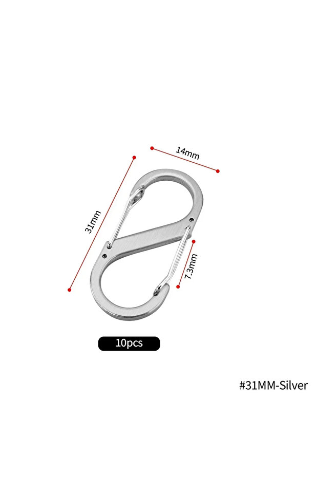 31MM-Silver(10pcs) 10Pcs S Type Mini Keychain Hook Stainless Steel Carabiner With Lock Anti-Theft Ou