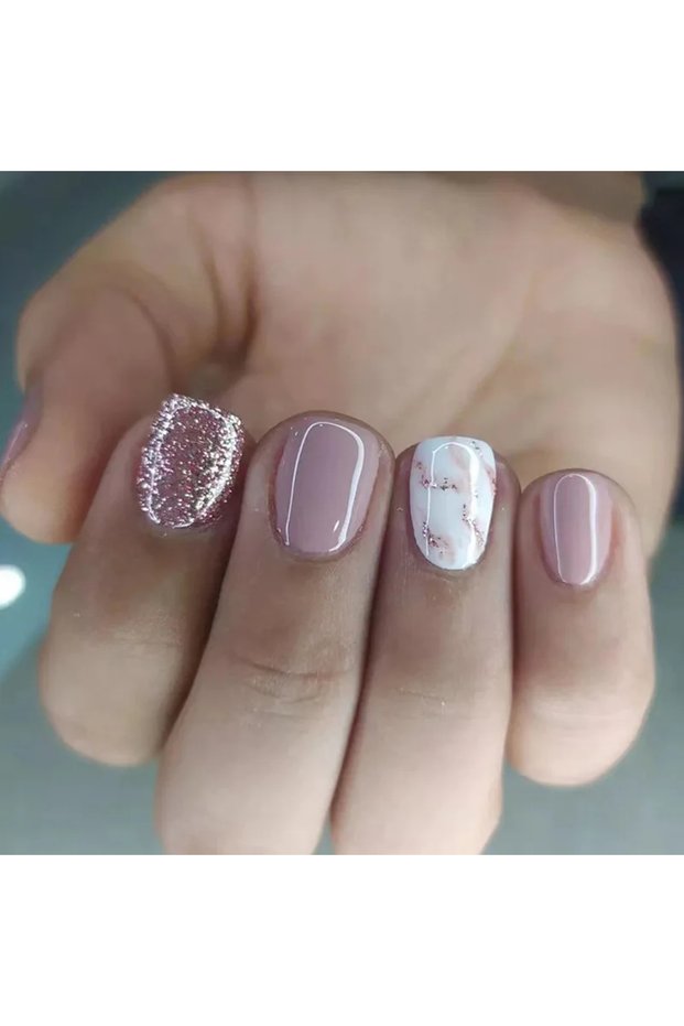 QHW788 24 PCs Short French Glossy Glitter Nails with 1 Jelly Gel and 1 Nail File