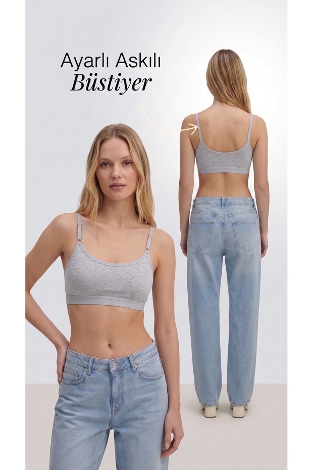 3-Pack Gray Melange Bustier with Cotton Pads - Daily Comfort Set with Adjustable Strap