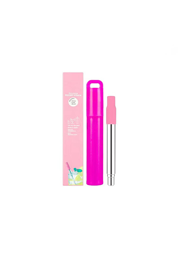 Pink Telescopic Reusable Drinking Straws Stainless Steel Metal Straws Folding Straw Set With Case Cl