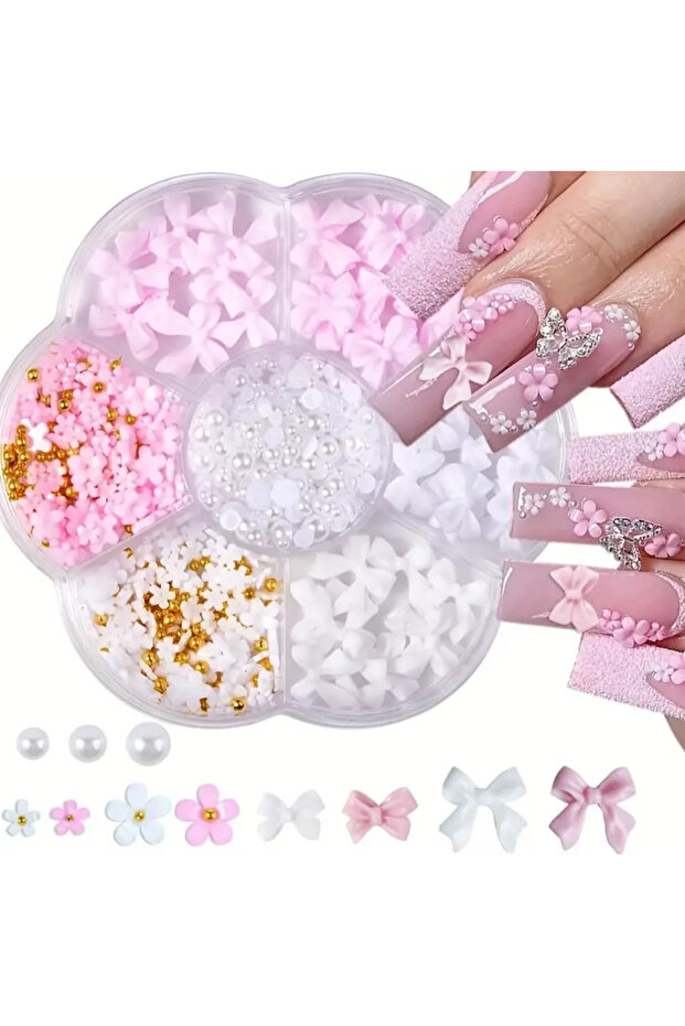 sku5 500PCS 3D Nail Art Decoration Kit with Resin Bows, Flat Back Pearls, and Assorted Shapes – Unsc