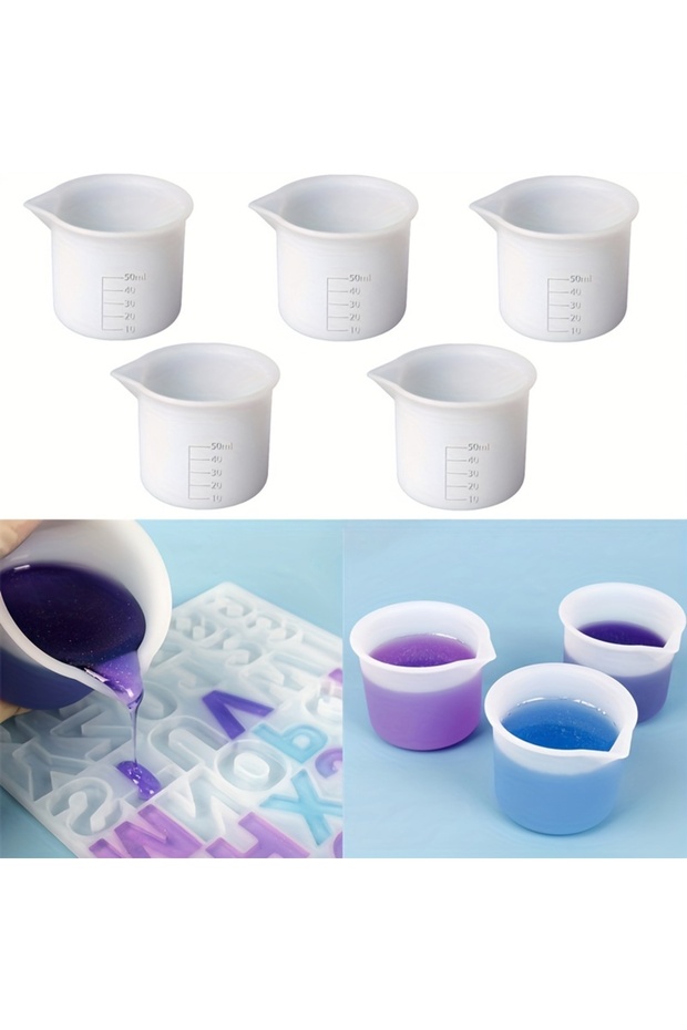 5Pcs 5Pcs Set 50ml Silicone Measuring Cup Tools Round Silicone Mold Clear Graduated Epoxy Split Cup