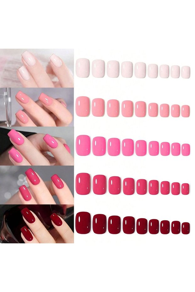 Beige 120PCS-Short Square Red Series Fake Nails Art Set- Full Cover Fake Nail Set For Stylish Women