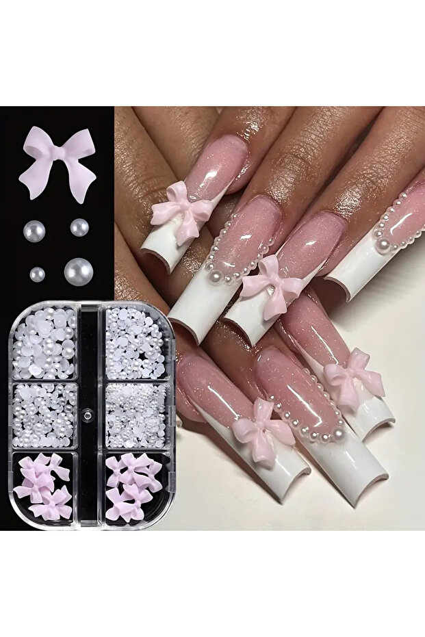 sku6 500PCS 3D Nail Art Decoration Kit with Resin Bows, Flat Back Pearls, and Assorted Shapes – Unsc