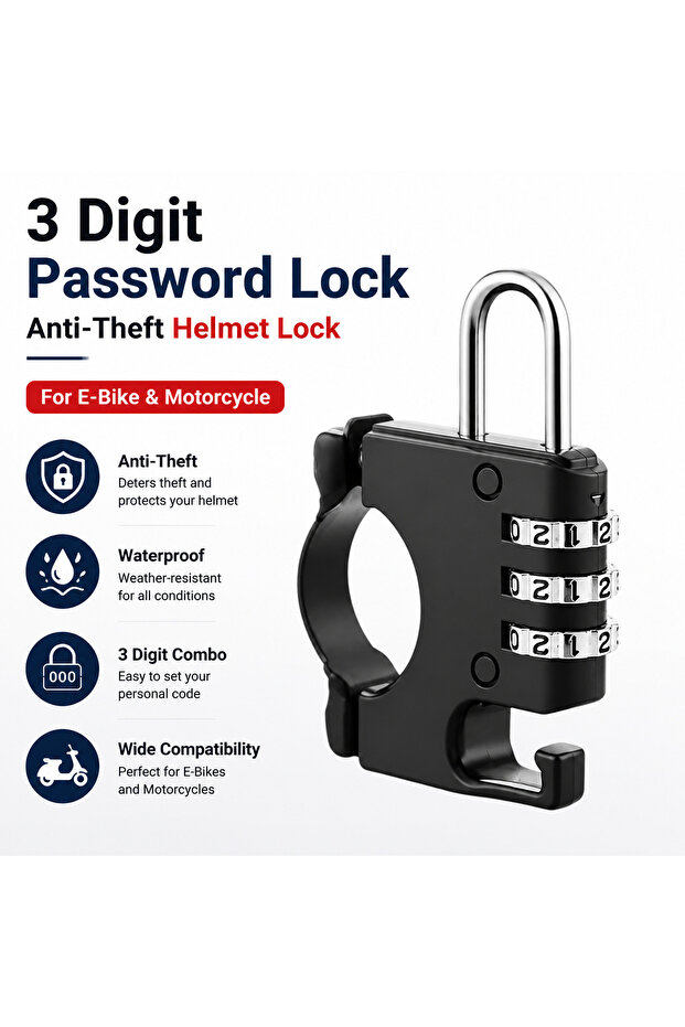 1 Pc Electric Bike Anti-Theft Combination Lock Durable Helmet Lock with Convenient Hook for Bicycle