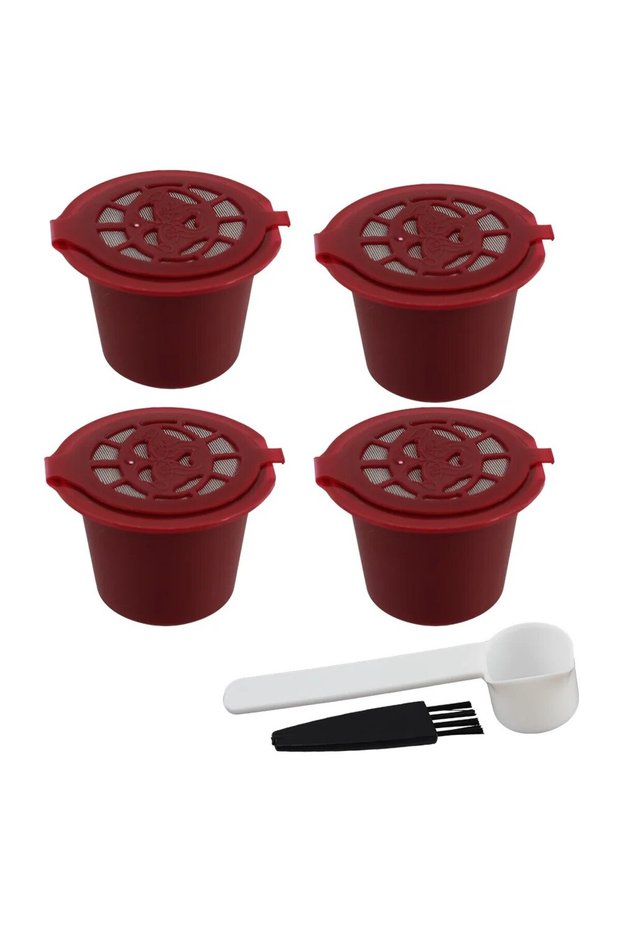 Red 4 Pieces Reusable Coffee Capsules Cup With Spoon Brush Coffee Filter For Nespresso Coffeeware