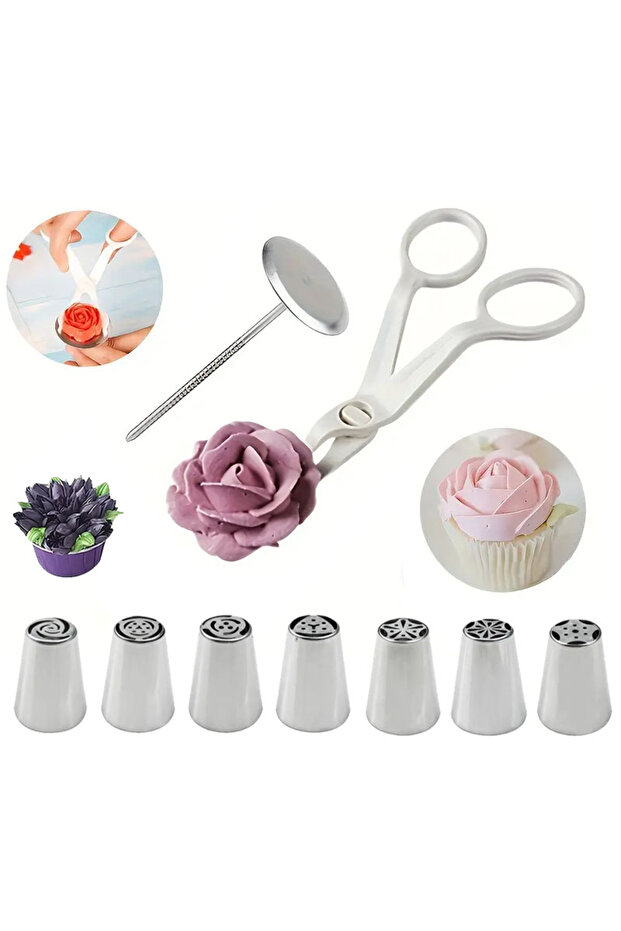 9pcs 9PCS Russian Piping Tips Set - 7 Flower Nozzles with Cake Flower Scissors & Nail -Professional
