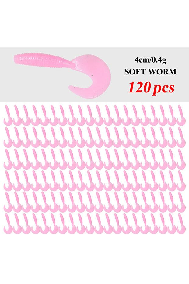 Pink 120Pcs New Soft Bait 4cm0.4g Fishing Lures Plastic Silicone Worm Moggot Grub Lure Saltwater Wob