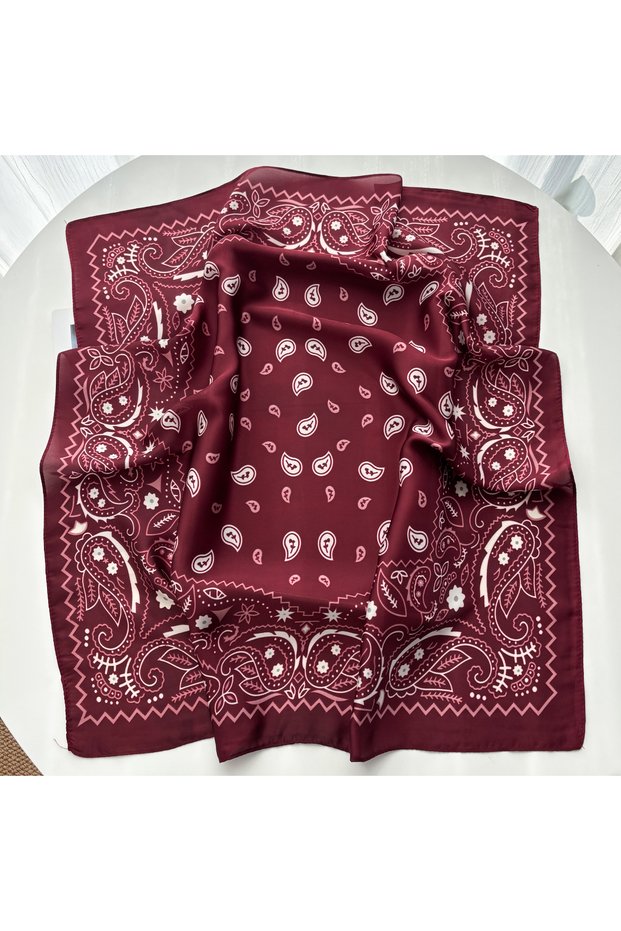 FJ1231-3-Red Paisley Printed Square Scarf For Women Elegant Imitation Silk Scarves Bandanas Retro Hi