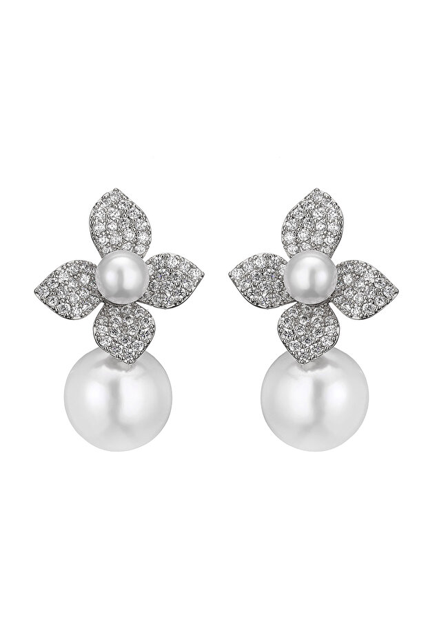 Sliver Color ZAKOL Elegant Micro Paved Zirconia Imitation Pearl Dangle Earrings for Women Sliver Gol