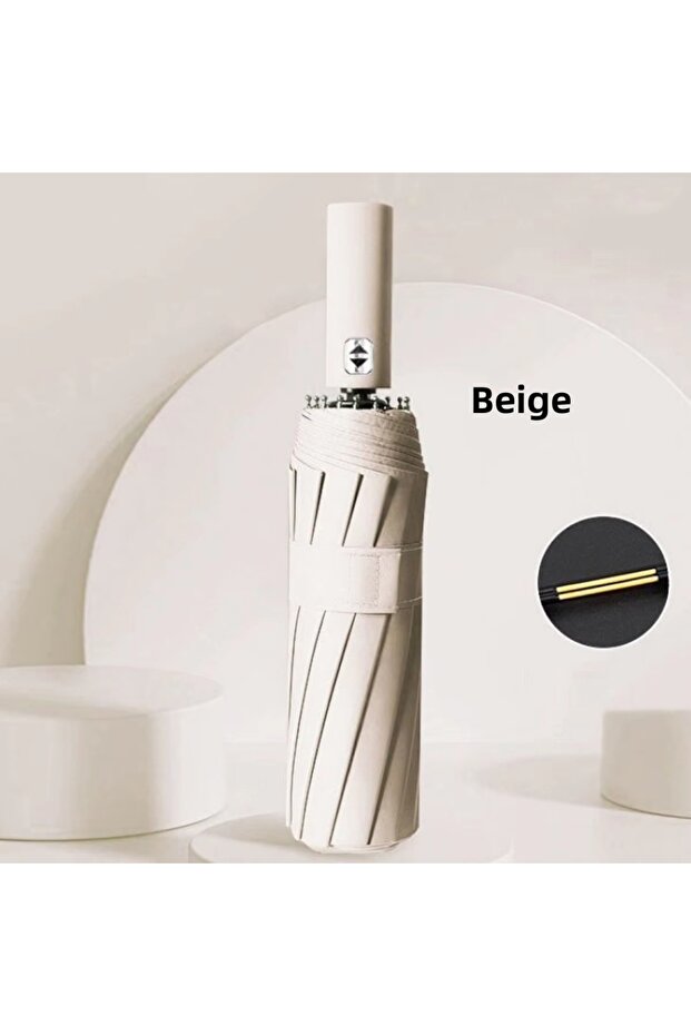 Beige 24 Bones 106cm Automatic Umbrella for Men and Women Outside Large Folding Rain and Sunshine Um