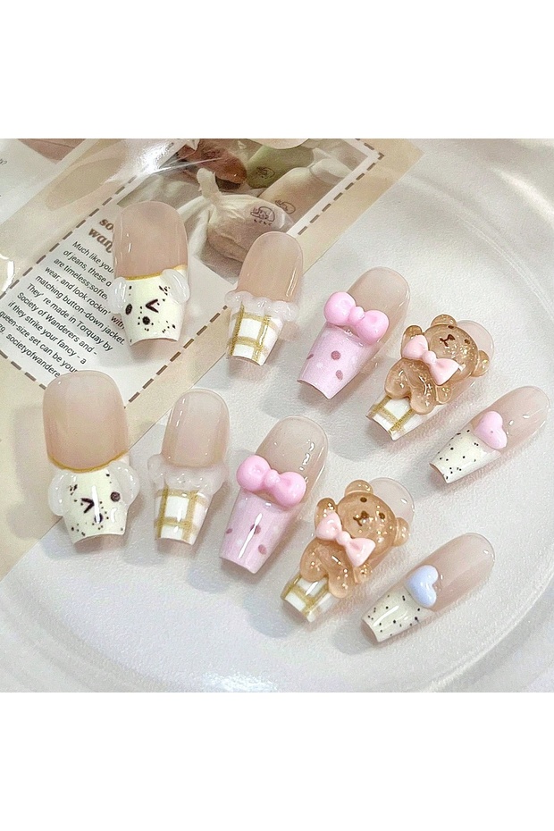 SJ0767-S 10pcs Pure Handmade Coffin Shaped Nail Art, Fake Nails for Nail Art, Romantic and Cute Tedd