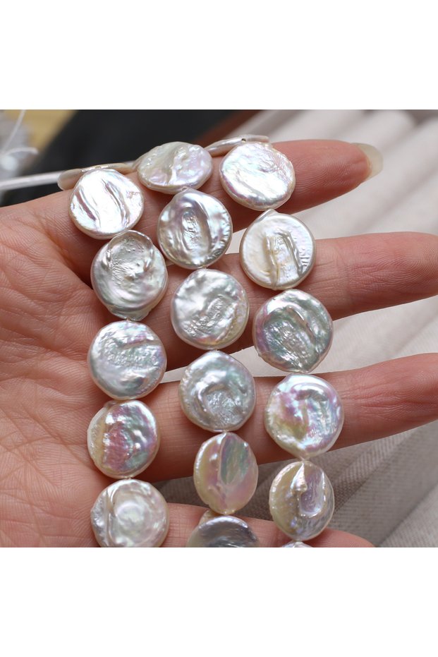 15mm-18cm White 18cm 15mm Natural Freshwater Pearl Button-Shaped Semi-Finished Beads for Jewelry Mak
