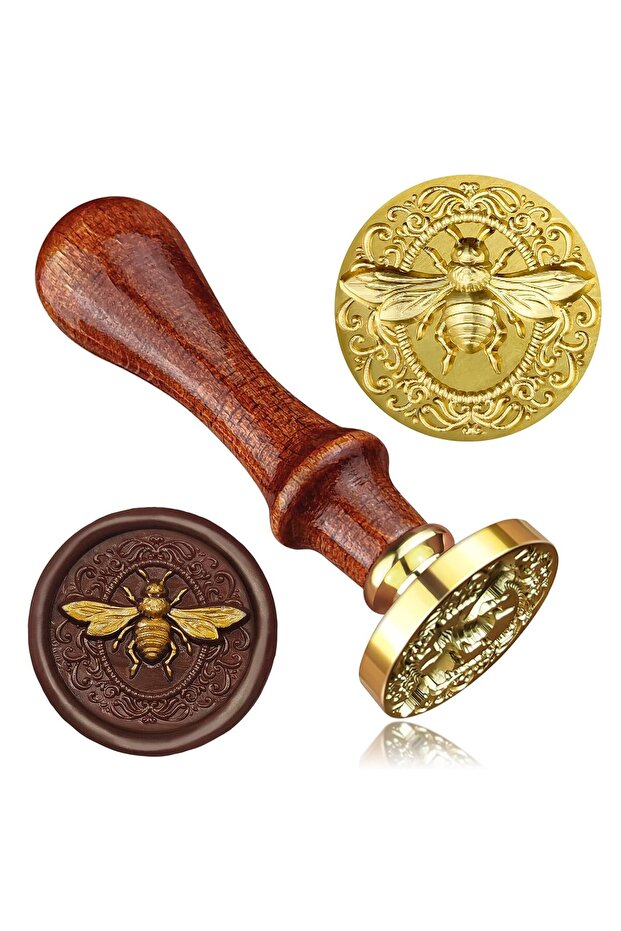 TZ717 3D Bee Wax Seal Stamp and Wooden Handle set, Insects Embossed Stamp Sealing Removable 1" Brass