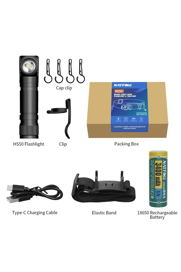 black With 3400mAh Battery NATFIRE HS50 Headlamp Rechargeable 3400mAh Headlight 1000LM LED USB C Rec