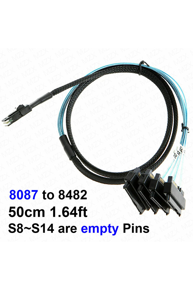 50cm 1.64ft MZX Mini SAS 36P SFF-8087 to SFF-8482 SAS 29+15P SATA Connector Adapter Cable 50cm/100cm