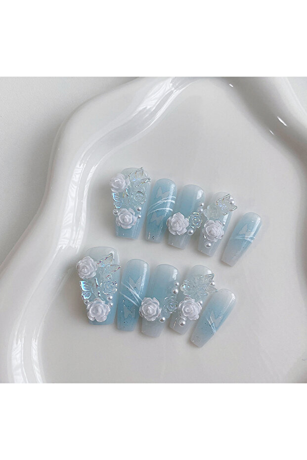 SJ0335-S 10 Pieces of Handmade Coffin Shaped Nails, Beautiful Fake Nails, Light Blue Gradient Nail A