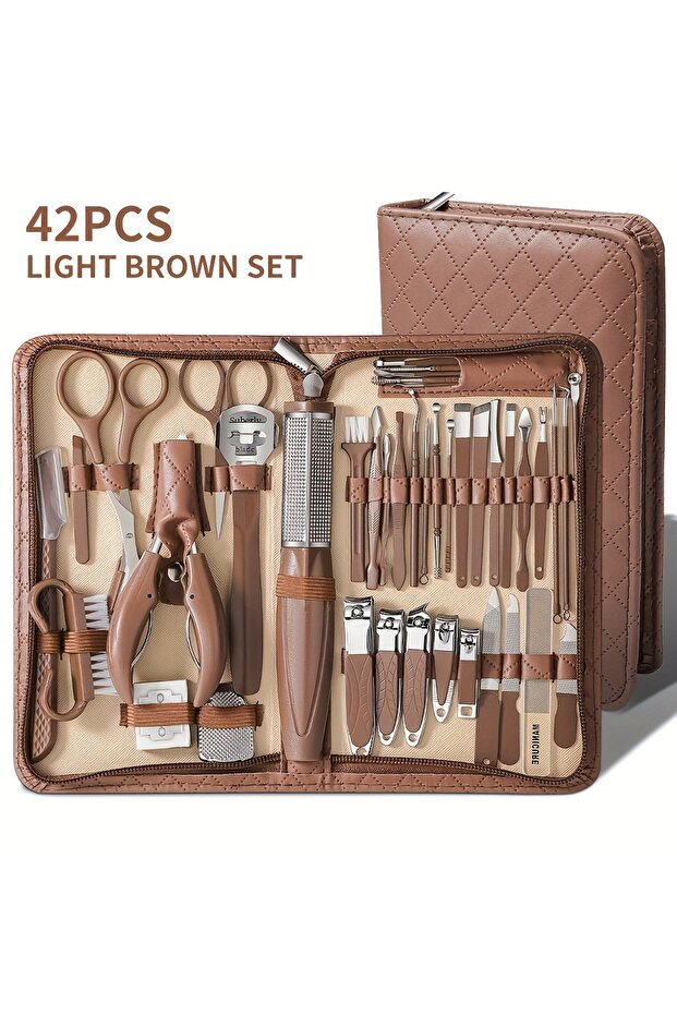 SET152-Brown 42pcs 42pcs Set Brown Stainless Steel Nail Clipper Set Anti Splash Manicure Tools Home