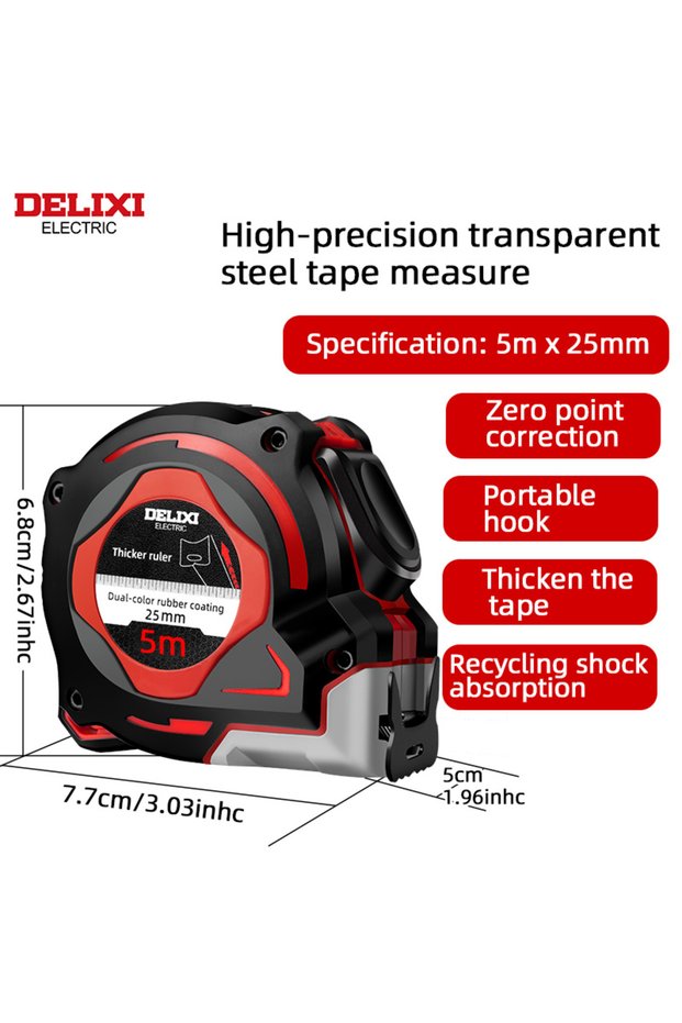 5Mx25mm DELIXI ELECTRIC 3/5/7.5/10m Steel Tape Measure Double-sided Metric and Imperial Thickened An
