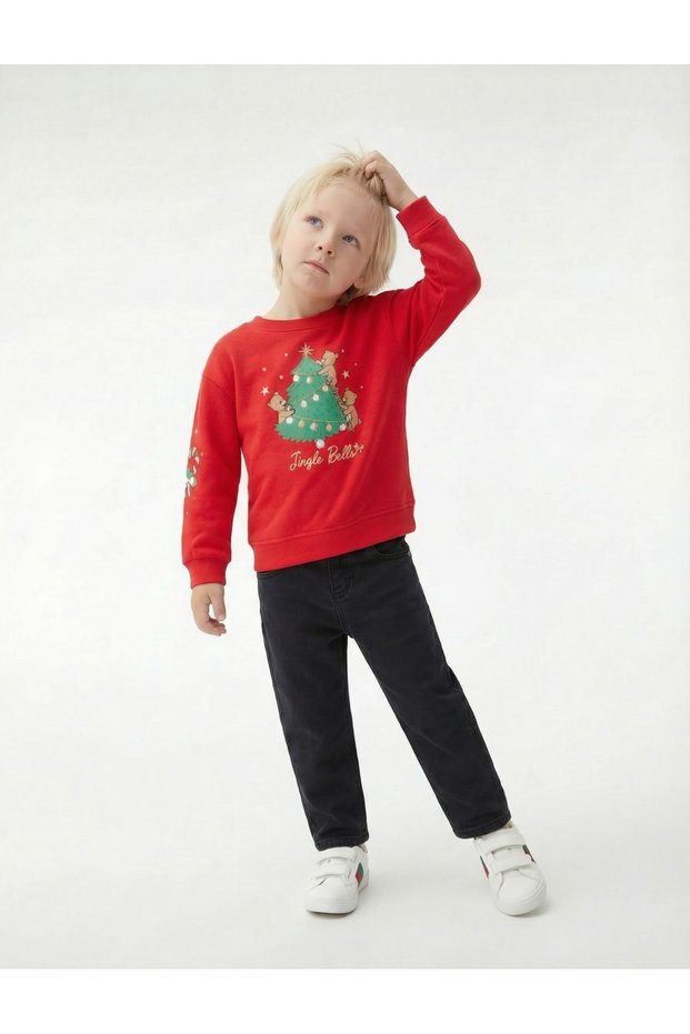 Cotton Long Sleeve Crew Neck Fleece-Lined Printed Sweatshirt