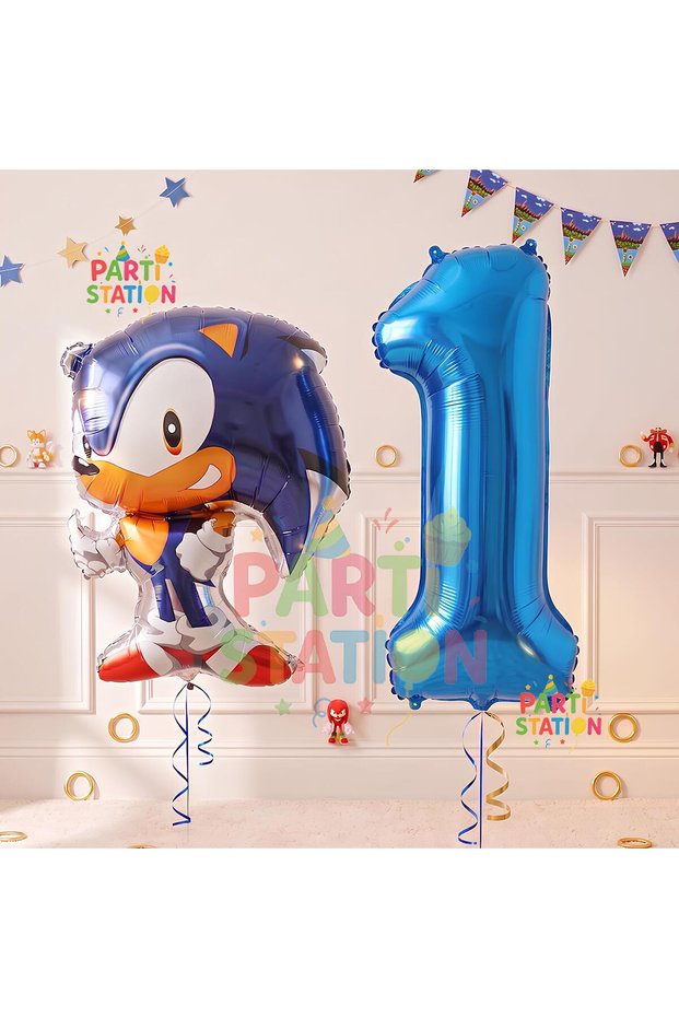 Kirpi Sonic Balloon 1 Year Old Birthday Set Kirpi Sonic Boom Concept Balloon and Navy Blue Number Balloon