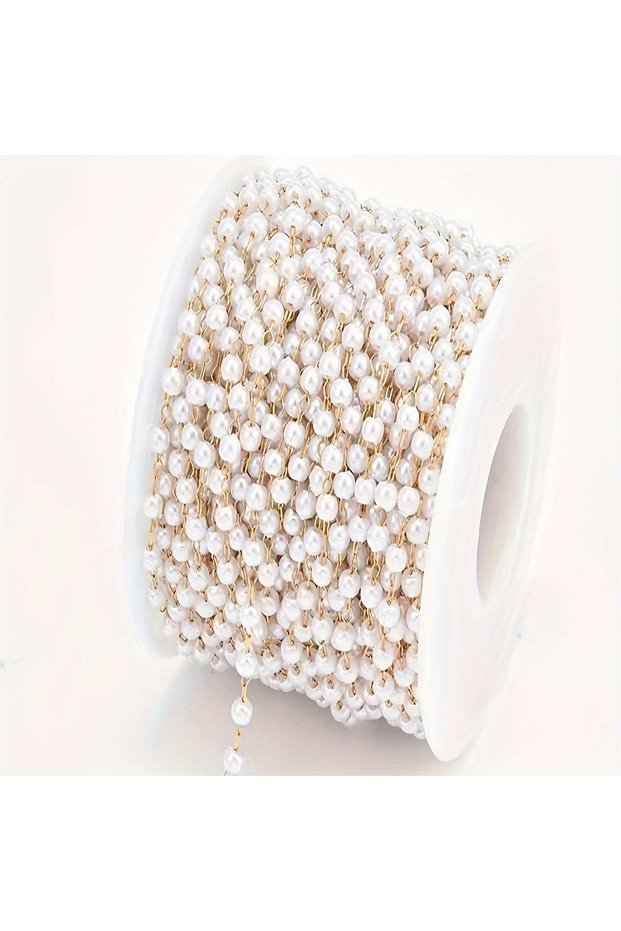 Gold 4mm 39.37 Inch Diy Artificial Pearl Copper Plated Chain, Handmade Pearl Chain, Antique Style Ha