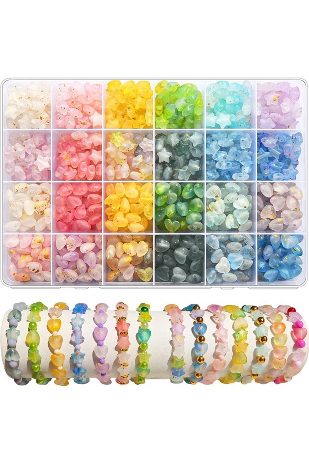 Style 01 480Pcs Acrylic Star & Heart Beads Set Frosted Golden Foil Pastel Colorful Assorted Beads fo