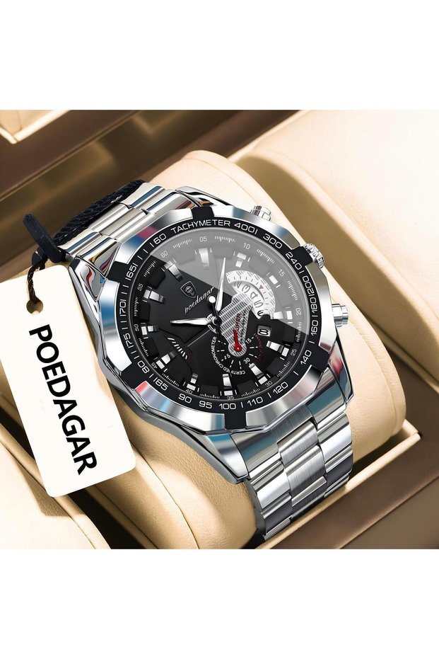1801 Silver Black POEDAGAR Luxury Brand Man Watch Waterproof Luminous Date Sport Man Wristwatch Stai