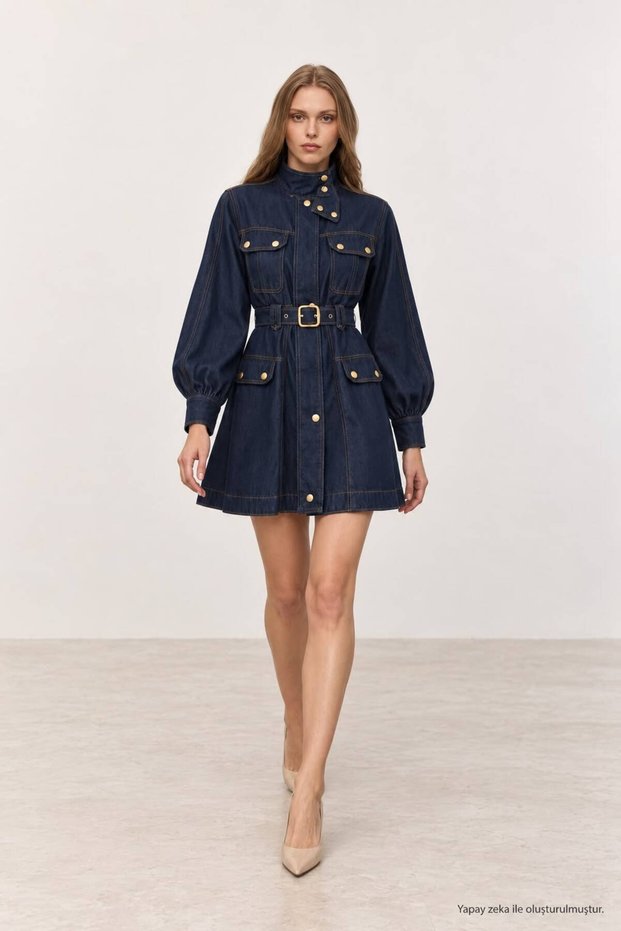 High Collar Belted Denim Dress