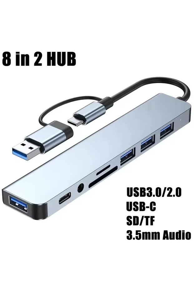 GRAY 8 in 2 USB-C HUB USB Splitter USB Extender with 4 USB Port 1 USBC Port TF/SD Card Reader Audio