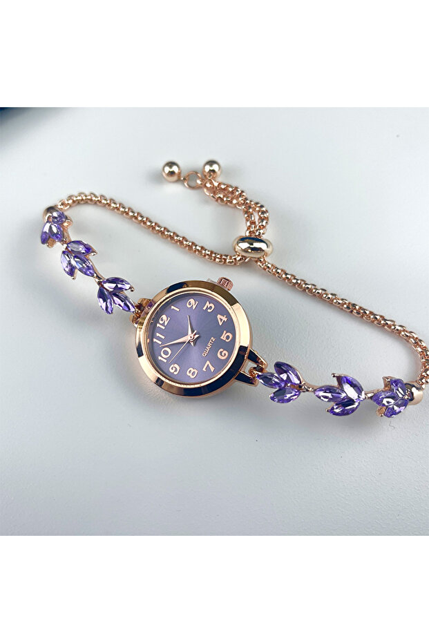 PURPLE Round Alloy Case Arabic Numeral Classic Dial Leaf-Shaped Diamond-Encrusted Fashionable Bracel