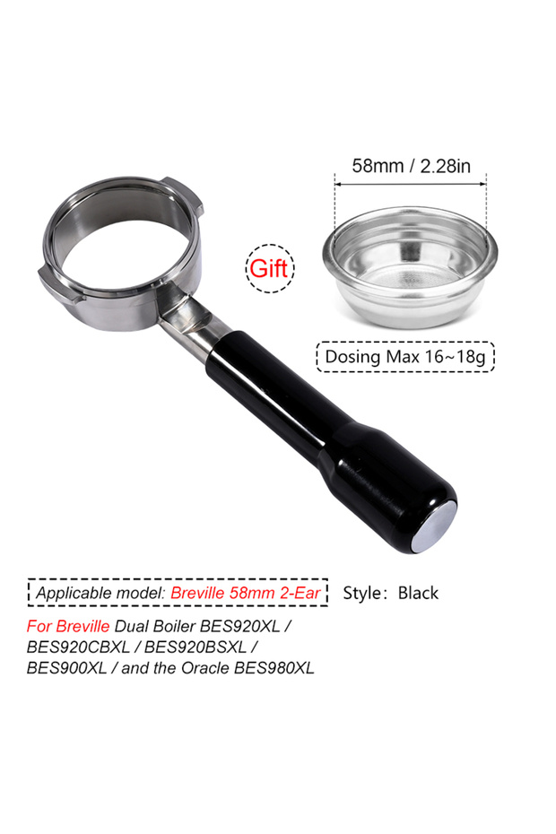 Breville-2Ear Black 58mm Bottomless Portafilter For Breville 9 Series BES920/980/990 Stainless Steel