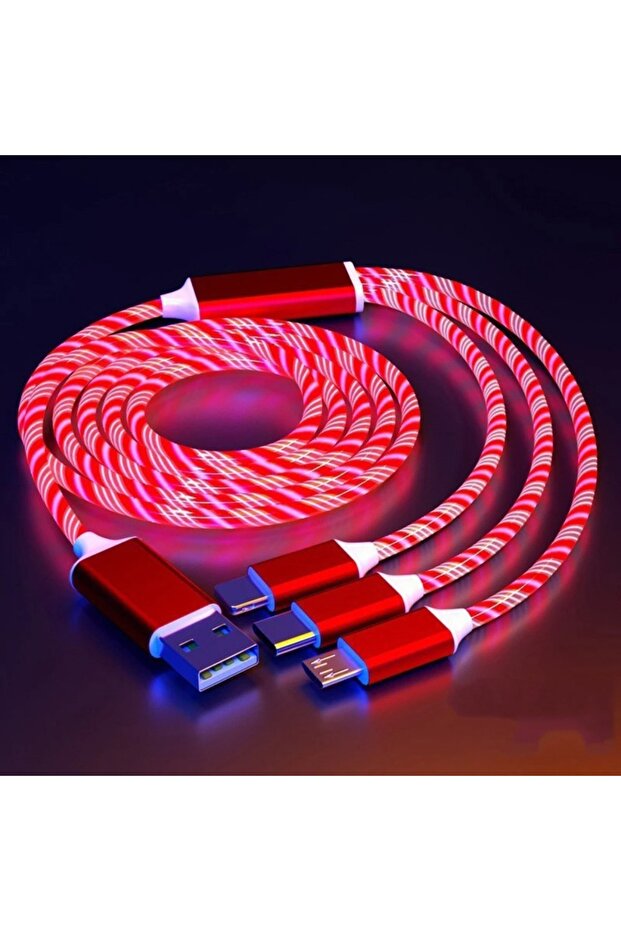 1m 3in1 Red Glowing LED 3 IN 1 Cable For Samsung Xiaomi iPhone Flowing Streamer Light Fast Charger U
