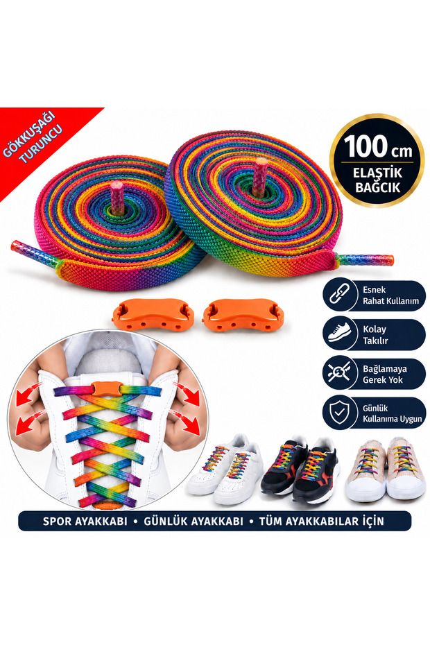 Takbırak Elastic Shoelaces, Smart Laces, New Generation Laces, Orange Rainbow