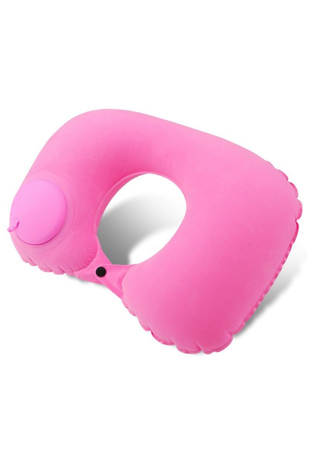 pink Flocking Inflatable Portable Neck Pillow That Can Be Stored And Self Filled Suitable For Outdoo