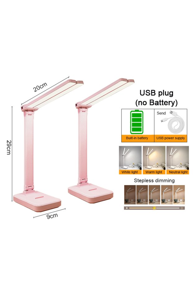 2PC Pink USB Desk Lamp 3 Levels Dimmable Touch Night Light USB Rechargeable Eye Protection Foldable