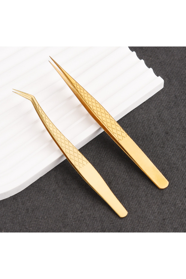 2pcs Set 1pc Eyelash Tweezers for Extension Golden Stainless Steel High Precision Tweezer for Volume
