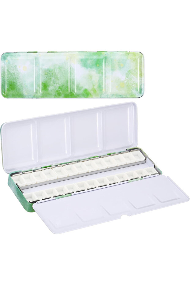 Green Empty Watercolor Palette, Metal Watercolor Tin with 26pcs Half Pans Paint Case with Lid Paint