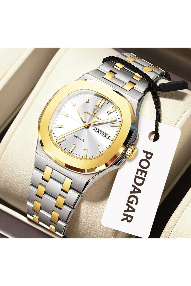 792 Gold White POEDAGAR Square Woman Watch Date Week Waterproof Luminous Ladies Watch Stainless Stee