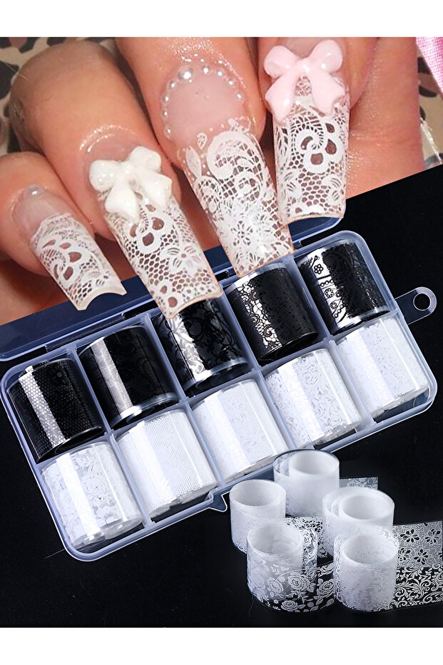 25 10 Sheets Lace Nail Foil White & Black Nail Stickers Design Transfer Foils Starry Sky Paper Nail