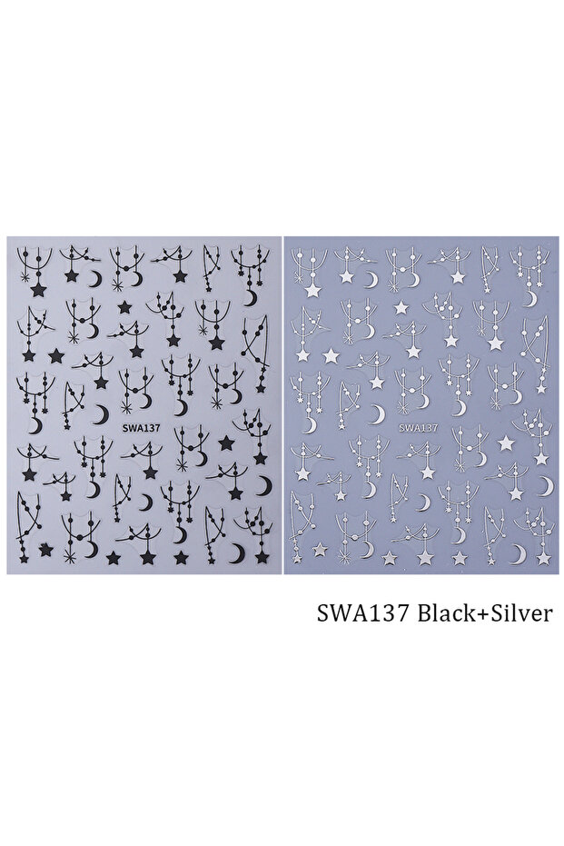 SWA137 2color 2pcs Bohemian Style Nail Stickers Silver Black Star Moon Chain Stripe Self-adhesive Na